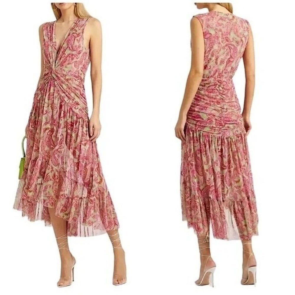 NWT MISA LA Ava Paisley Print Stretch Maxi Dress V-Neck Tulle Size XS $355